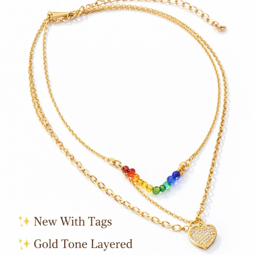 Rainbow Heart Aura Gold Layered Chain Necklace Adjustable NWT